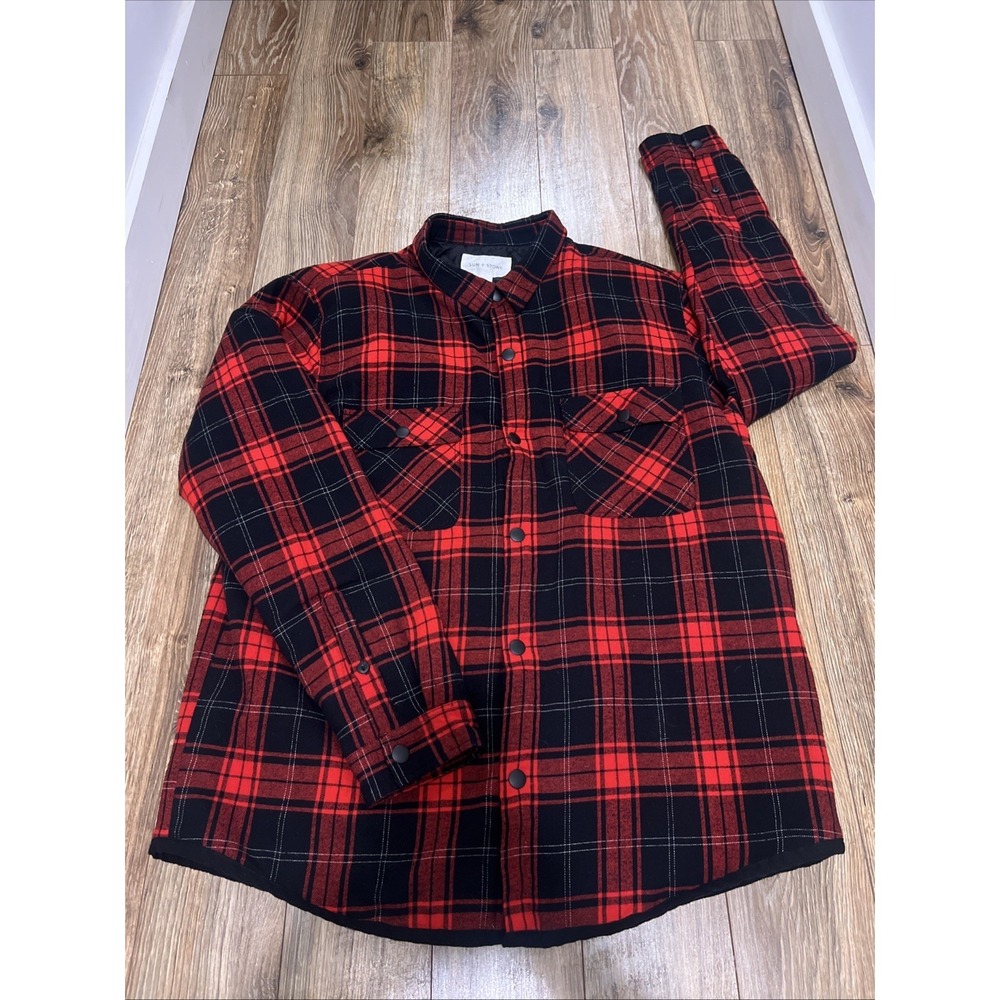 Sun + Stone Mens Quilted Plaid Flannel Jacket XL Red/Black